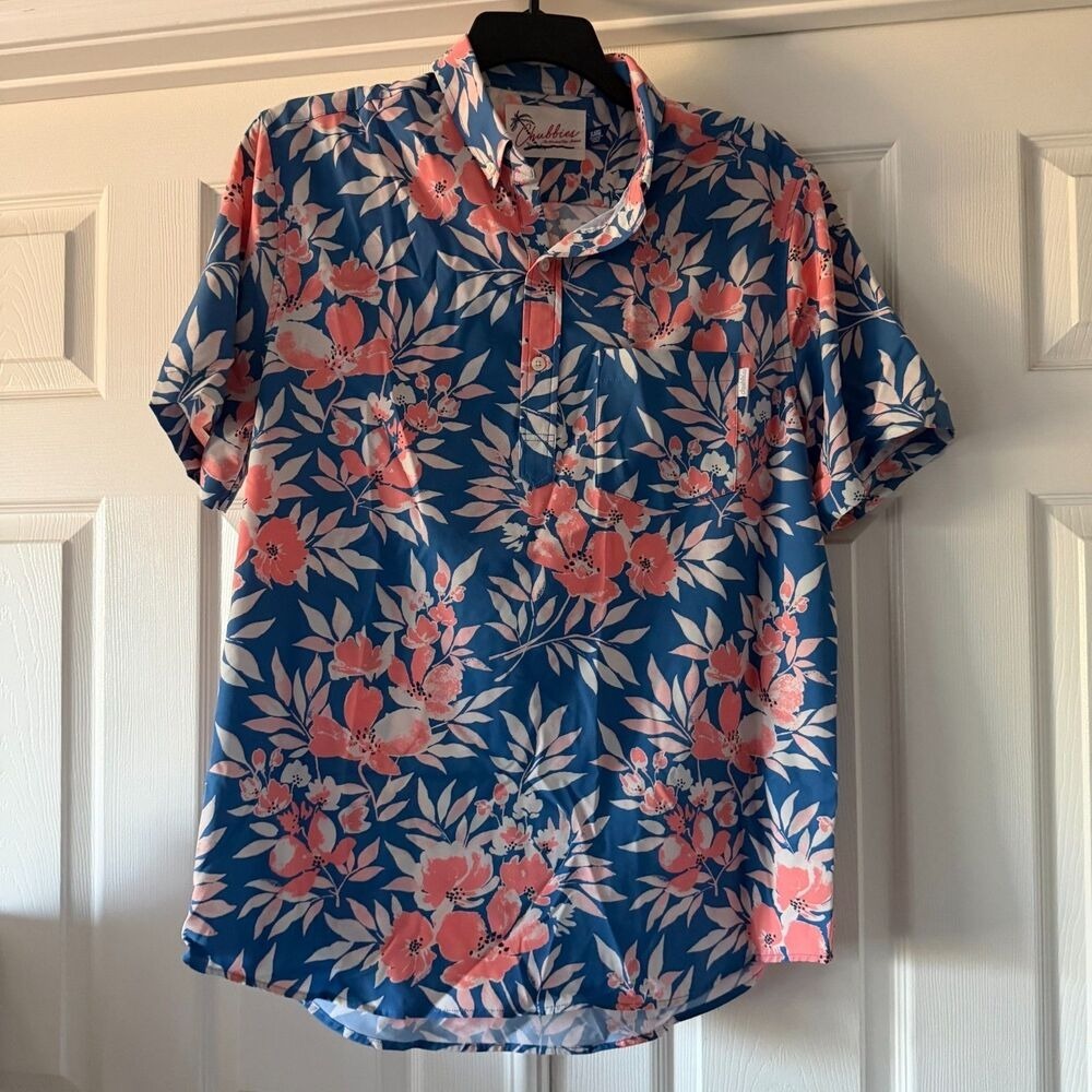 Chubbies Mens Hawiian Shirt XL Floral Pocket Resort Blue Stretch Vacation Summer